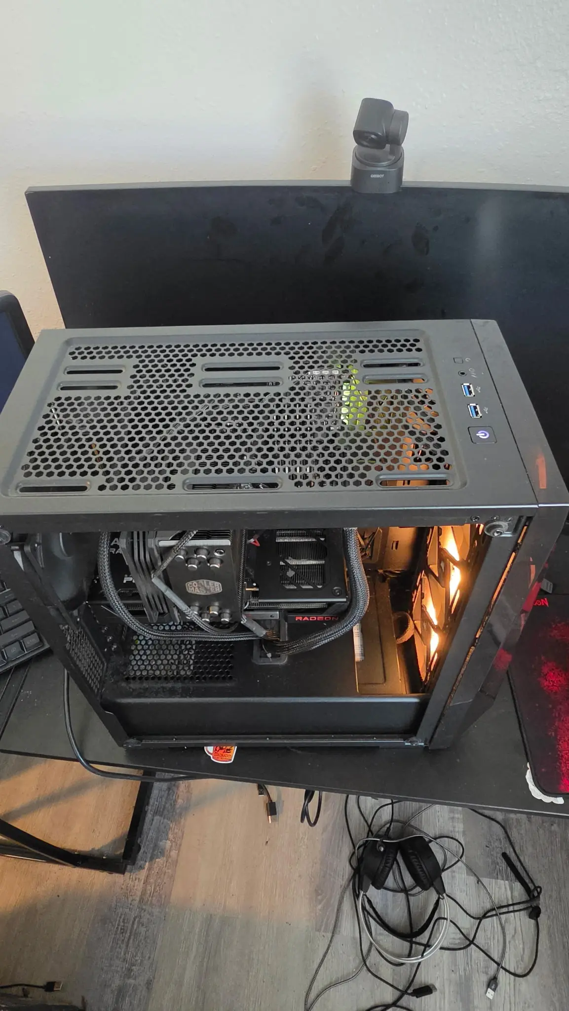 Top-down view of Tre Howell's custom PC build with internal components visible
